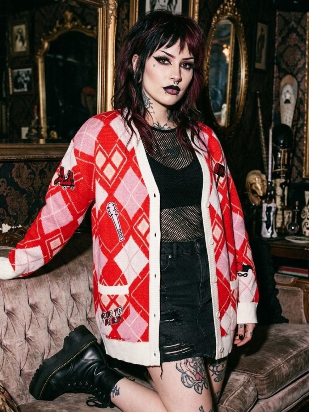 Women's Harley Quinn Diamond V-neck Long Sleeves Cardigan Sweater  Medium - Picture 3 of 16
